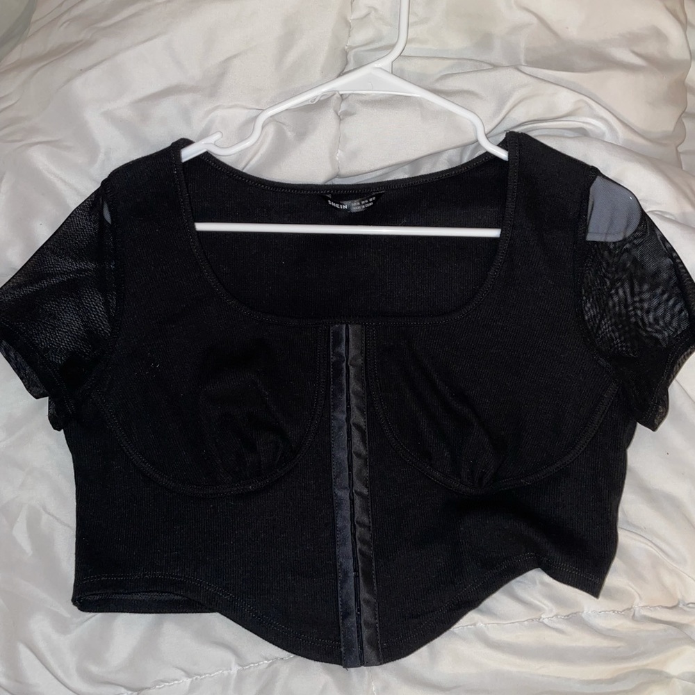 Black mesh sleeve corset style top